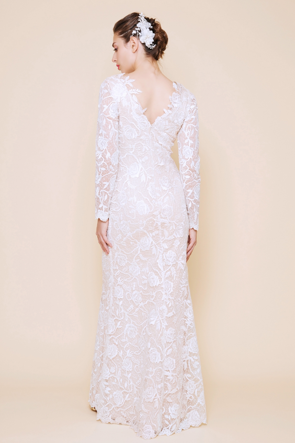 TADASHI SHOJI レース花柄Vネック ロングドレス ワンピース 長袖 Vネック ローズレースドレス｜TADASHI SHOJI（タダシ