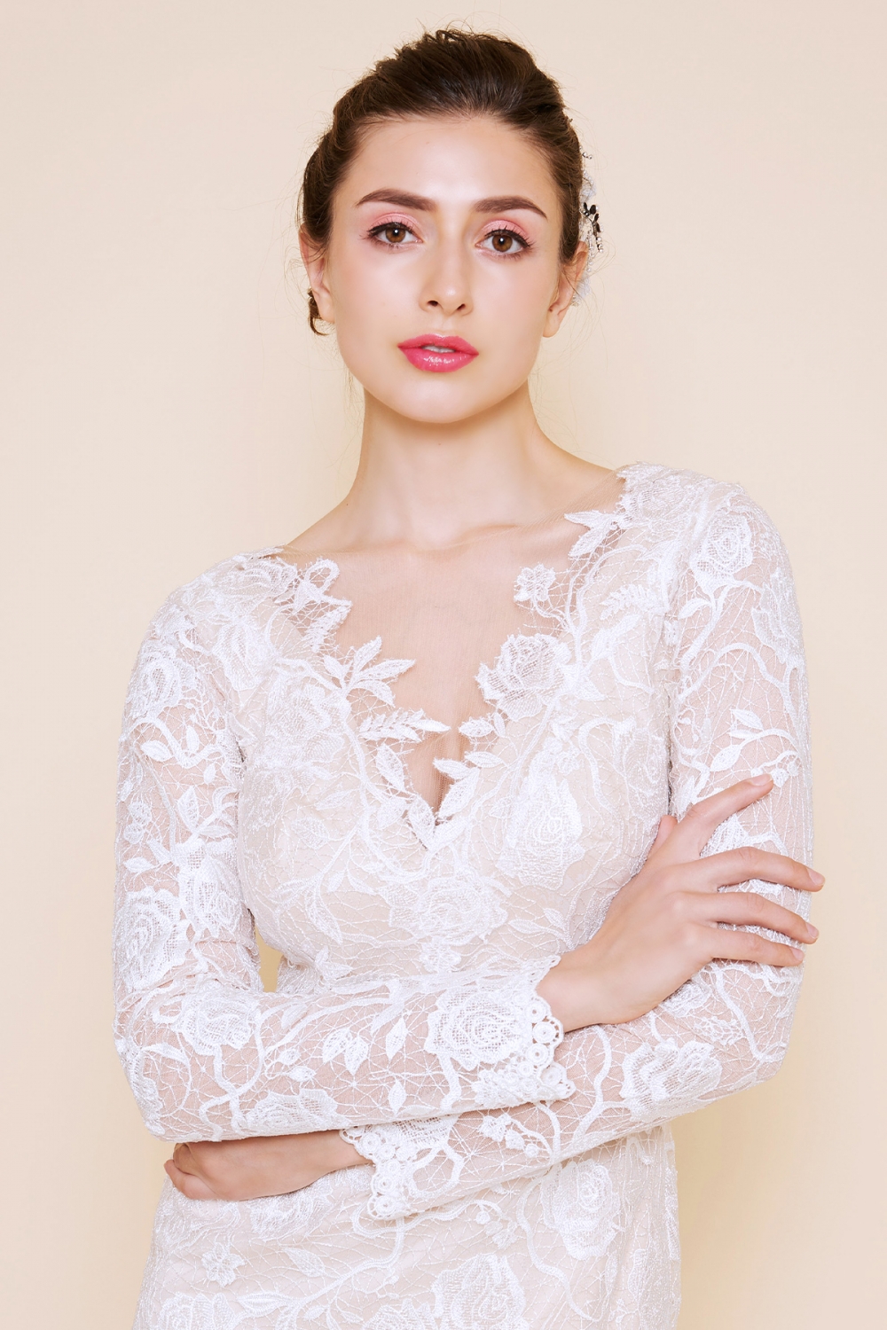 長袖 Vネック ローズレースドレス｜TADASHI SHOJI（タダシ