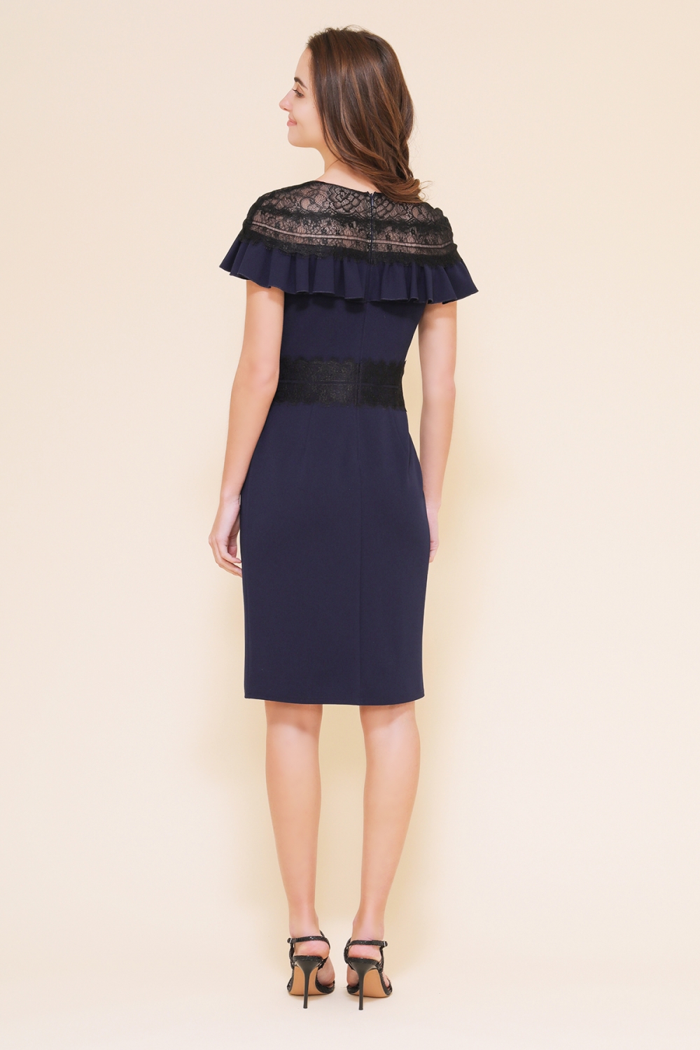 ネイビー ラッフル Vネック タイトドレス｜TADASHI SHOJI（タダシ  