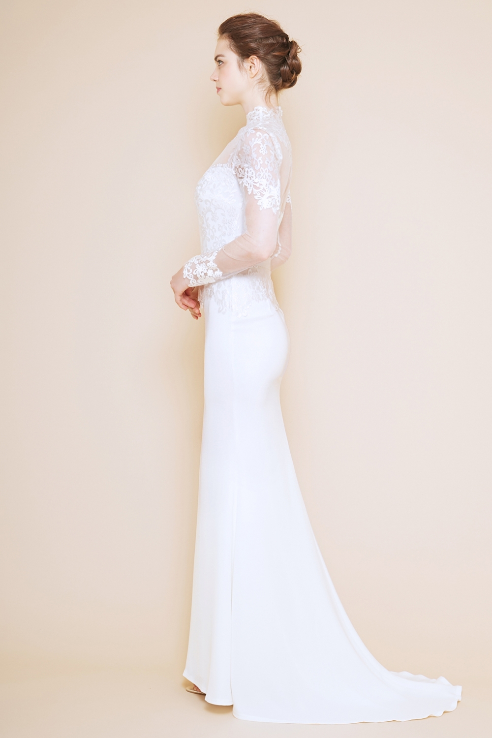 フローラルレース モックネック 長袖タイトドレス｜TADASHI SHOJI 