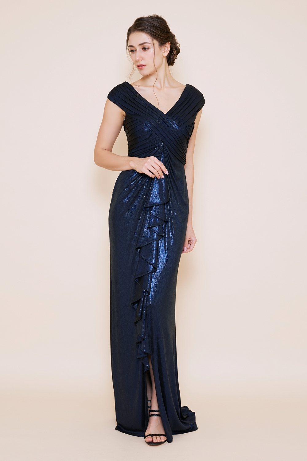 ネイビー メタリック ドレープ ロングドレス｜TADASHI SHOJI（タダシ 