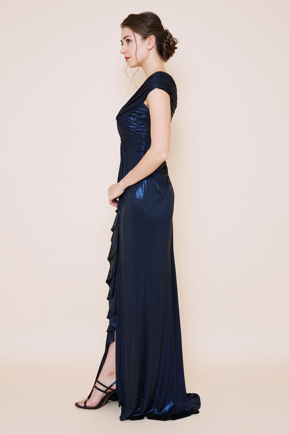 ネイビー メタリック ドレープ ロングドレス｜TADASHI SHOJI（タダシ 