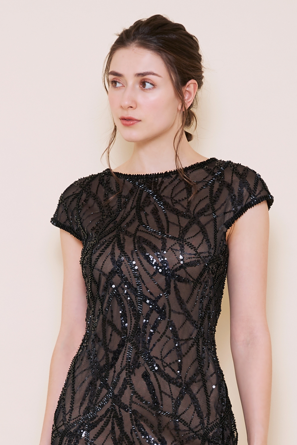 ブラック フレンチスリーブ スパンコール ロングドレス｜TADASHI SHOJI 