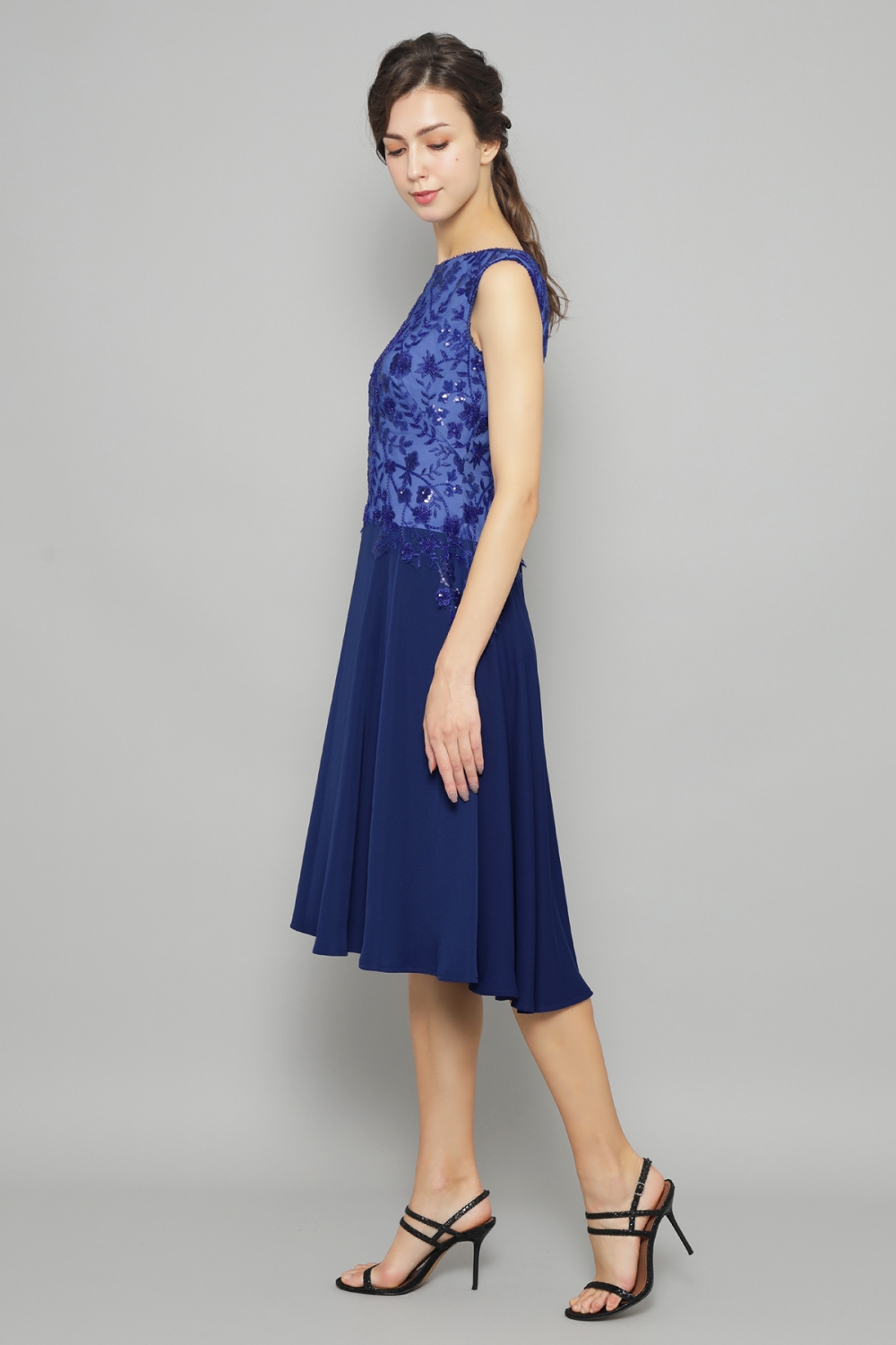 ネイビー スパンコール刺繍 フィット＆フレアドレス ブルー スパンコール刺繍レース フレアドレス｜TADASHI SHOJI