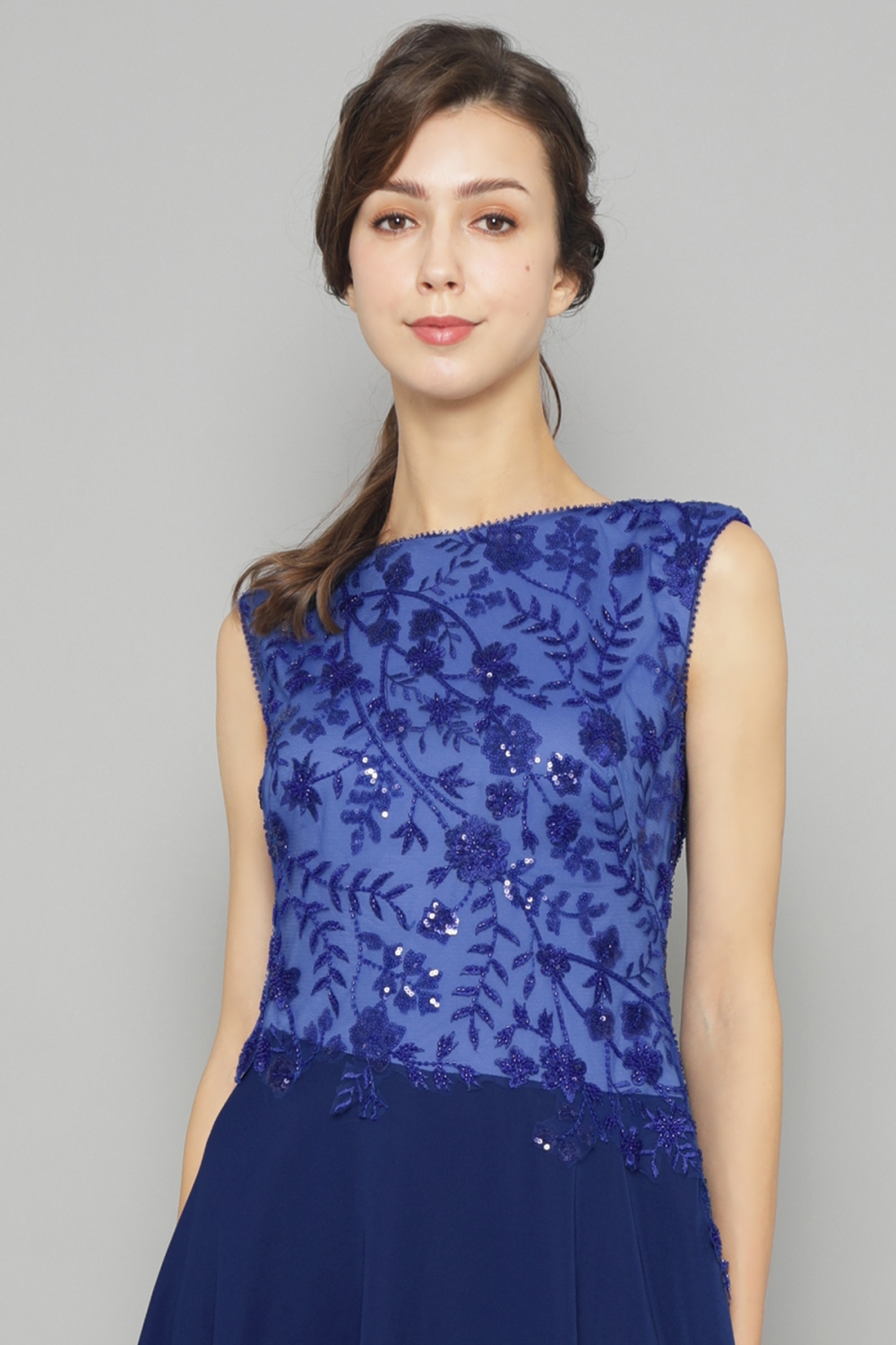 ネイビー スパンコール刺繍 フィット＆フレアドレス ブルー スパンコール刺繍レース フレアドレス｜TADASHI SHOJI