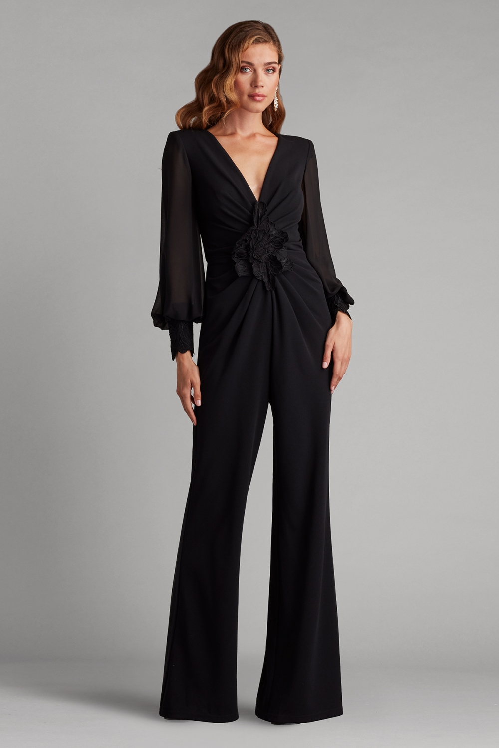 TADASHI SHOJI タダシ ショウジ Vネック レース ジャンプスーツ ブラック Vネック ロングスリーブ ジャンプスーツ|TADASHI