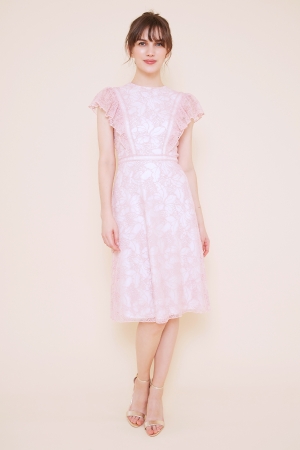 ピンク フラワーレース フリルスリーブドレス