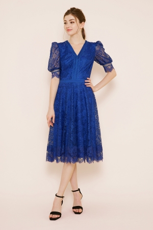 【リクエスト受付のみ】ブルー フィット＆フレア パフスリーブドレス