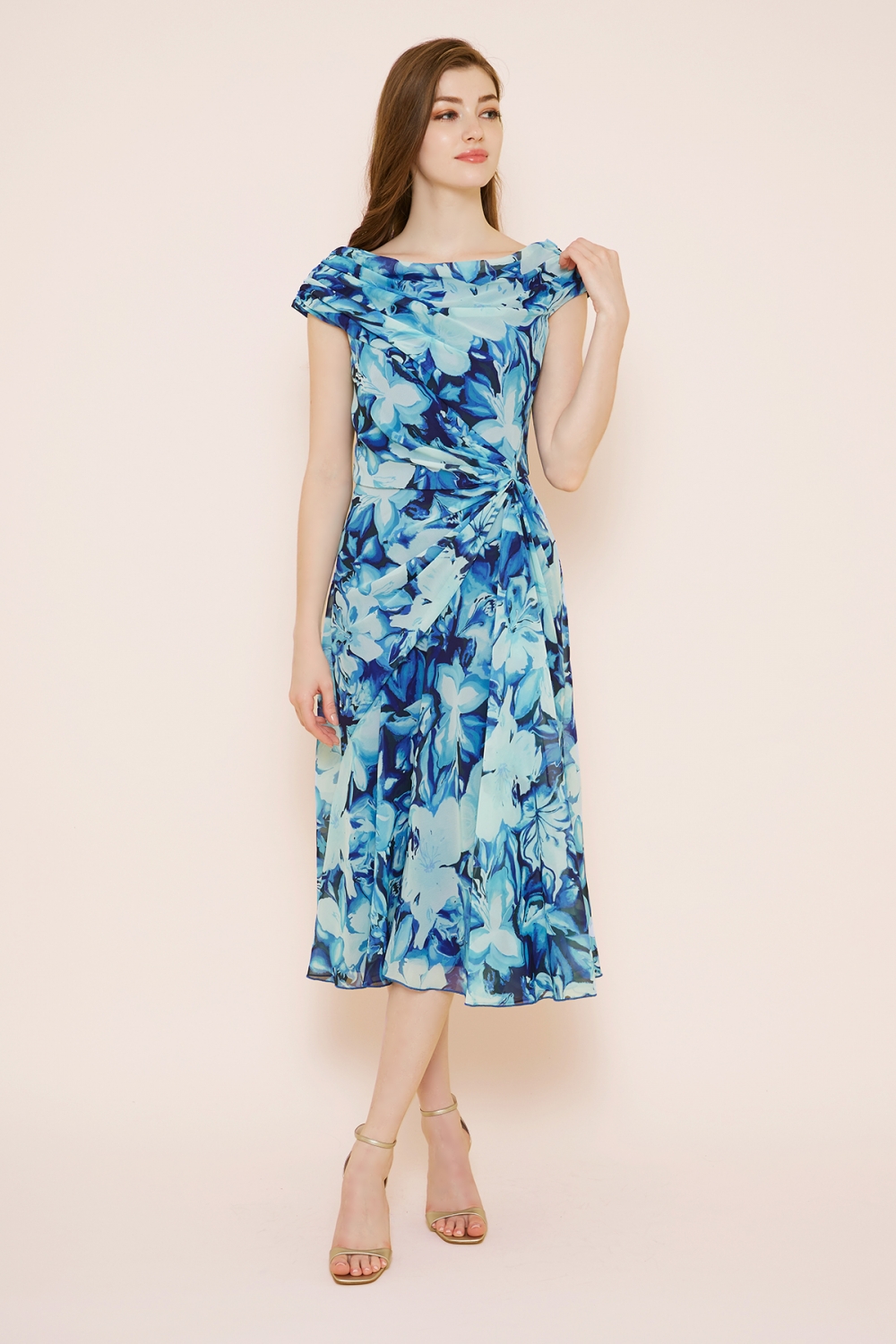 【リクエスト受付のみ】ブルー フラワー オフショルダー ドレープ ドレス