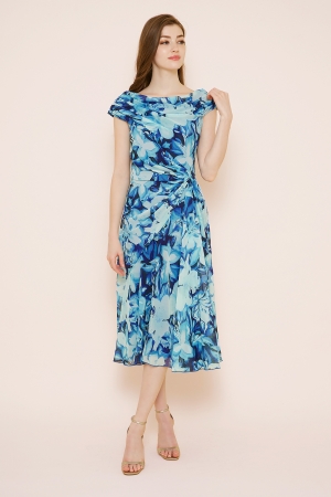 【リクエスト受付のみ】ブルー フラワー オフショルダー ドレープ ドレス