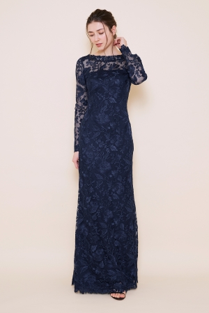 【EC・青山サロン限定】ネイビー 刺繍レース Vバック 長袖 ロングドレス