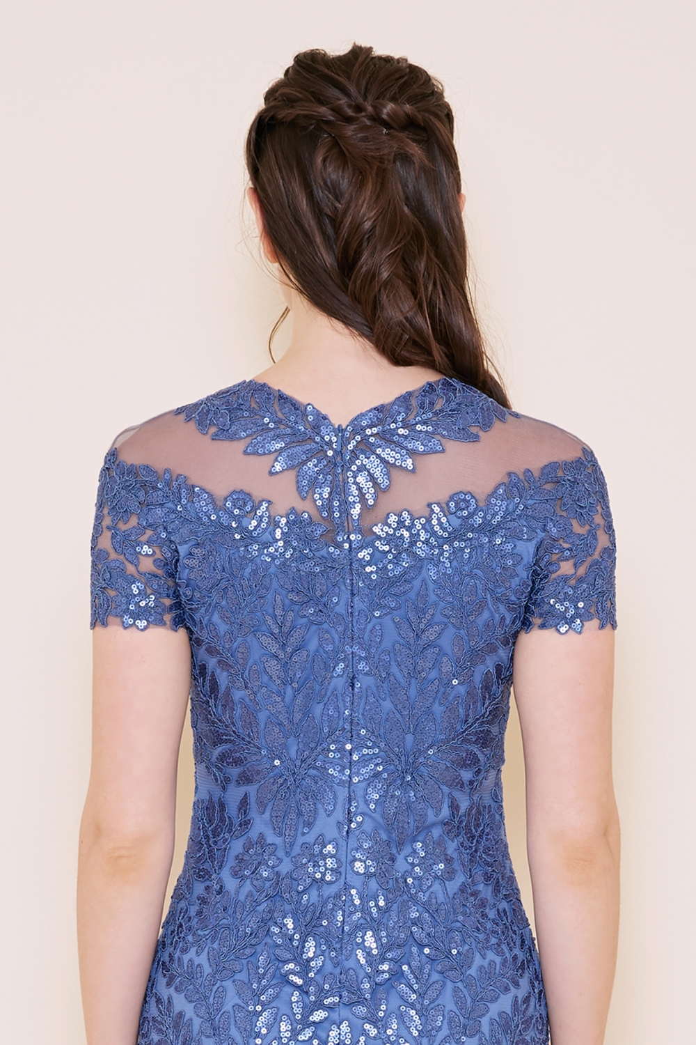 ブルー　コード刺繍スパンコール　ミディアムドレス