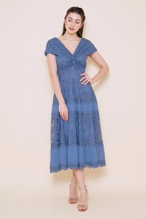 【リクエスト受付のみ】ブルー　Vネック　キャップスリーブ　ミモレ丈ドレス