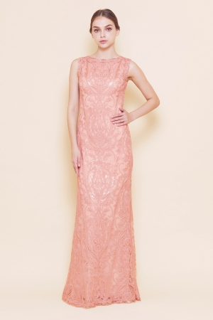 ピンク ノースリーブ スパンコール ロングドレス
