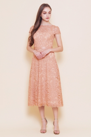 【RESTOCK】ピンク　キャップスリーブ　スタンダードレース　ミモレ丈ドレス