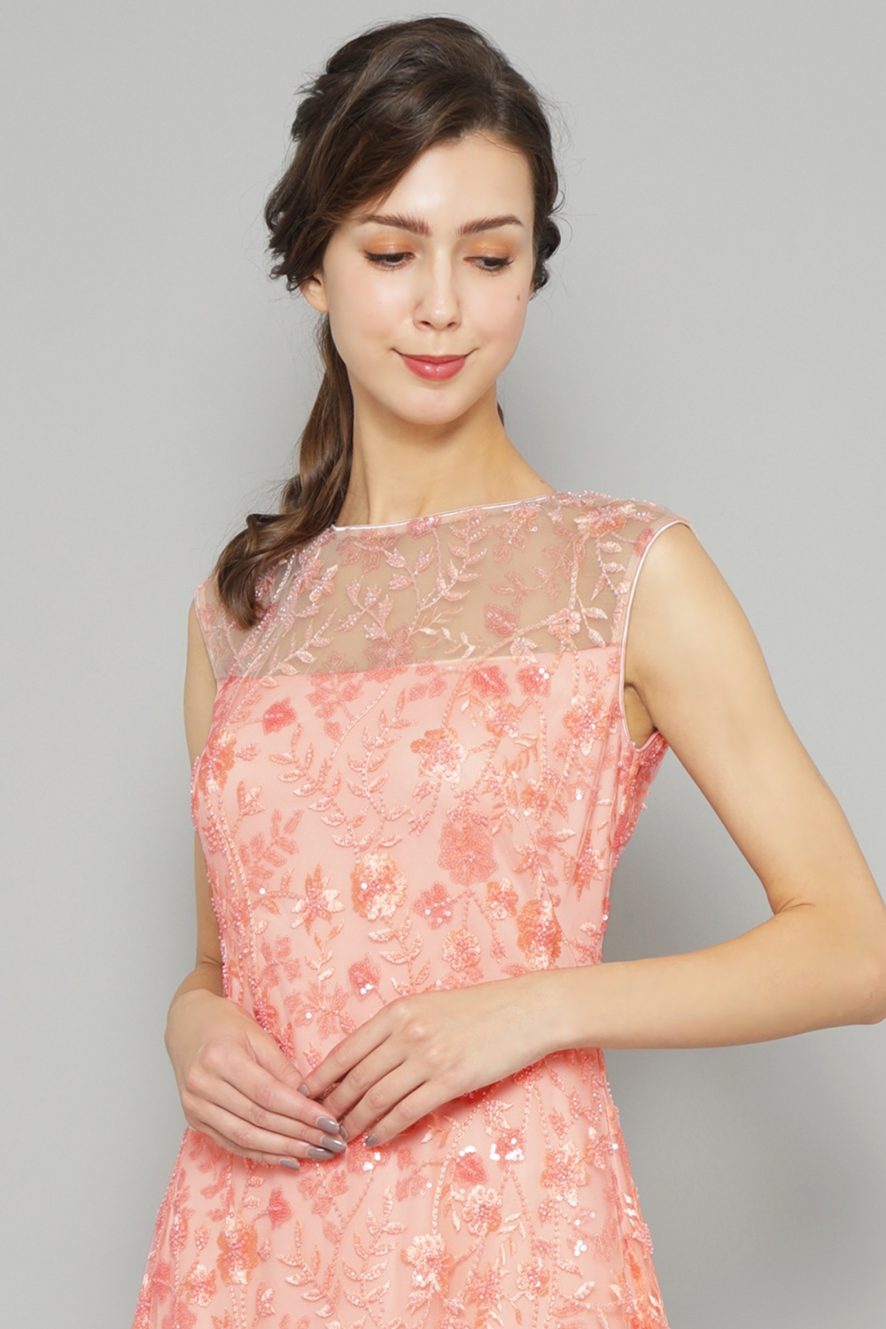 【リクエスト受付のみ】ピンク　ノースリーブ　スパンコール刺繍総レース　 ミディアムドレス