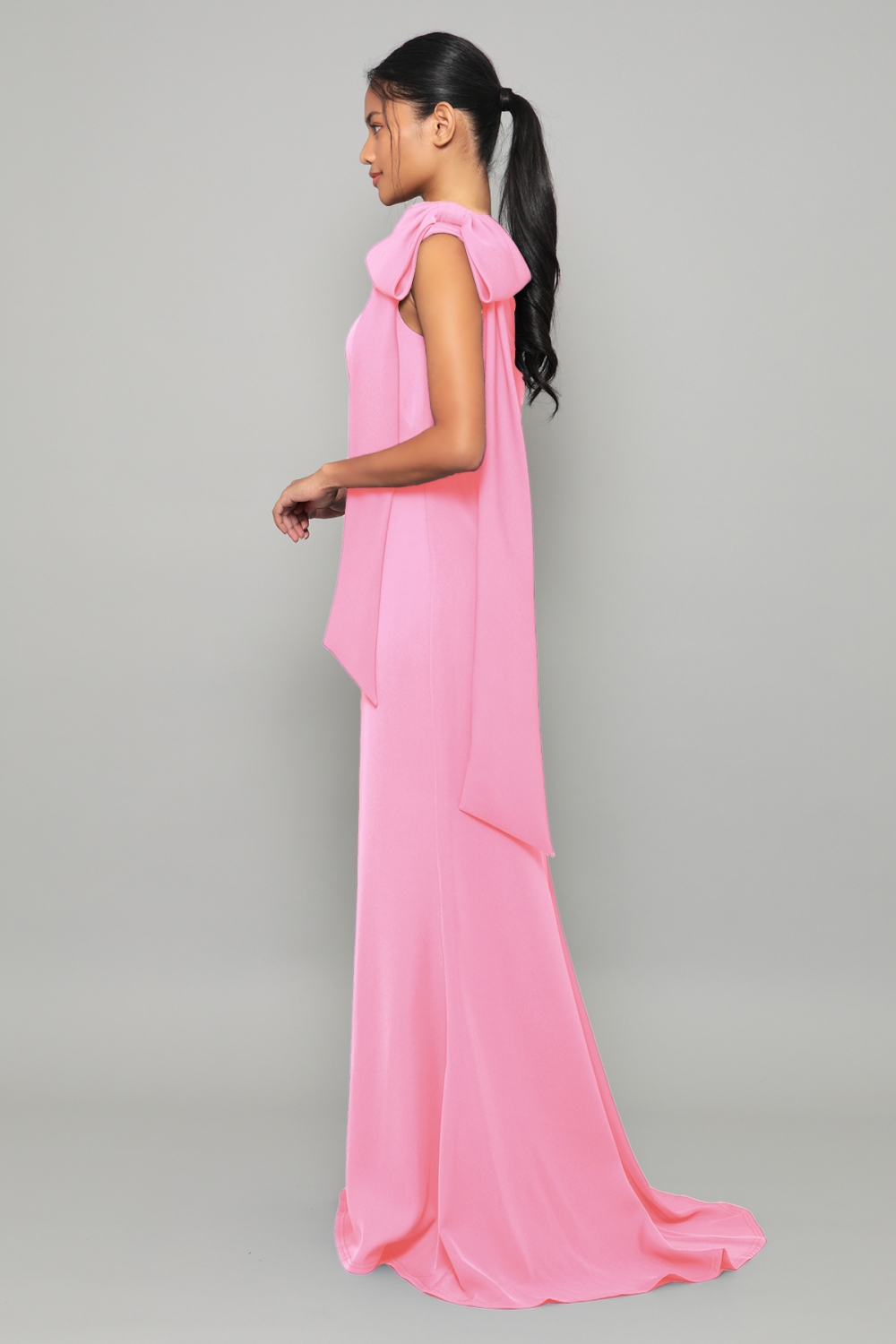 ピンク　クレープジャージー　ショルダーリボン　ロングドレス