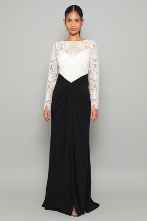 アイボリーブラック ボートネック 刺繍入りチュール ロングドレス