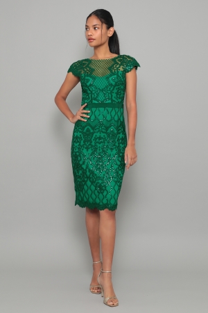 グリーン キャップスリーブ スパンコール刺繍ミディアムドレス