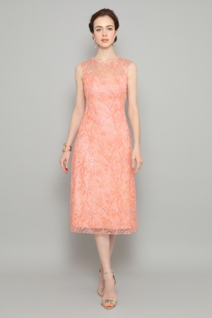 【リクエスト受付のみ】ピンク　シースルーネックライン　ミモレ丈ドレス