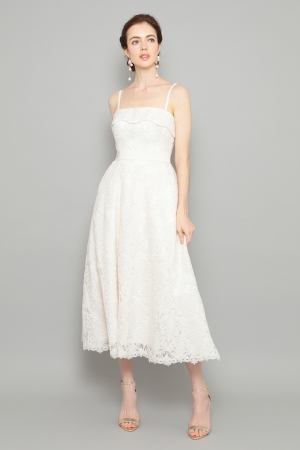 【リクエスト受付のみ】アイボリー　ベアトップ　刺繍入りチュール　ミモレ丈ドレス