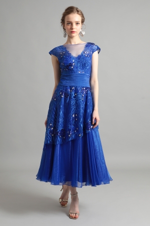 【リクエスト受付のみ】ブルー　Vネック　アシンメトリー　レイヤードスカート　ミモレ丈ドレス