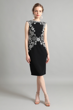 【リクエスト受付のみ】ブラック フローラルレース ノースリーブ タイトミディアムドレス