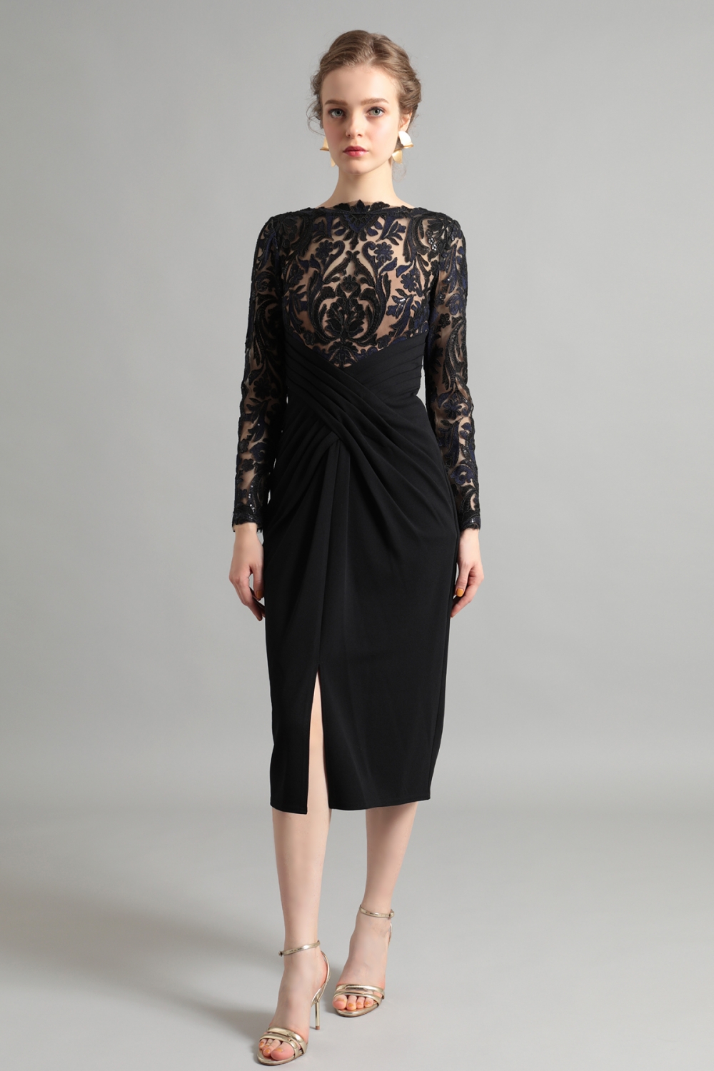 【リクエスト受付のみ】ブラック　ロングスリーブ　スパンコール＆ボタニカルレース　クロスドレープ　ミディアムドレス