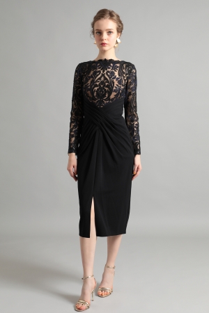 【リクエスト受付のみ】ブラック　ロングスリーブ　スパンコール＆ボタニカルレース　クロスドレープ　ミディアムドレス