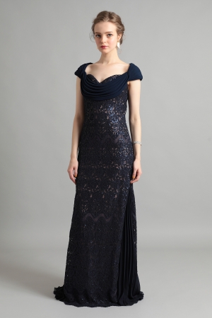 ネイビー 刺繍レース&ドレープネックライン ロングドレス