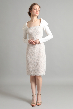 ホワイト オフショルダーロングスリーブ ミディアムドレス