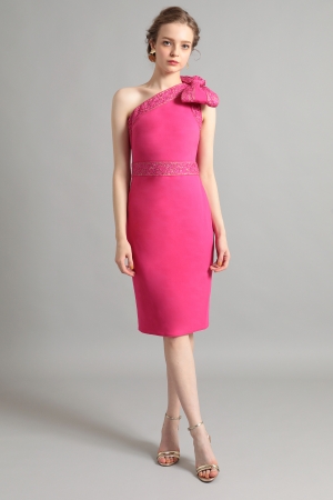ピンク リボンワンショルダー タイトミディアムドレス