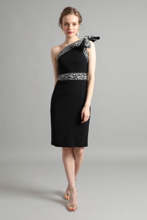 ブラック リボンワンショルダー タイトミディアムドレス