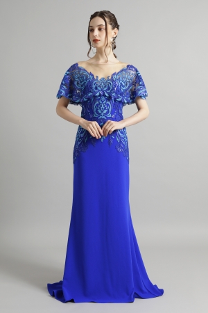 【リクエスト受付のみ】ブルー　オフショルダーラッフルスリーブ　ロングドレス