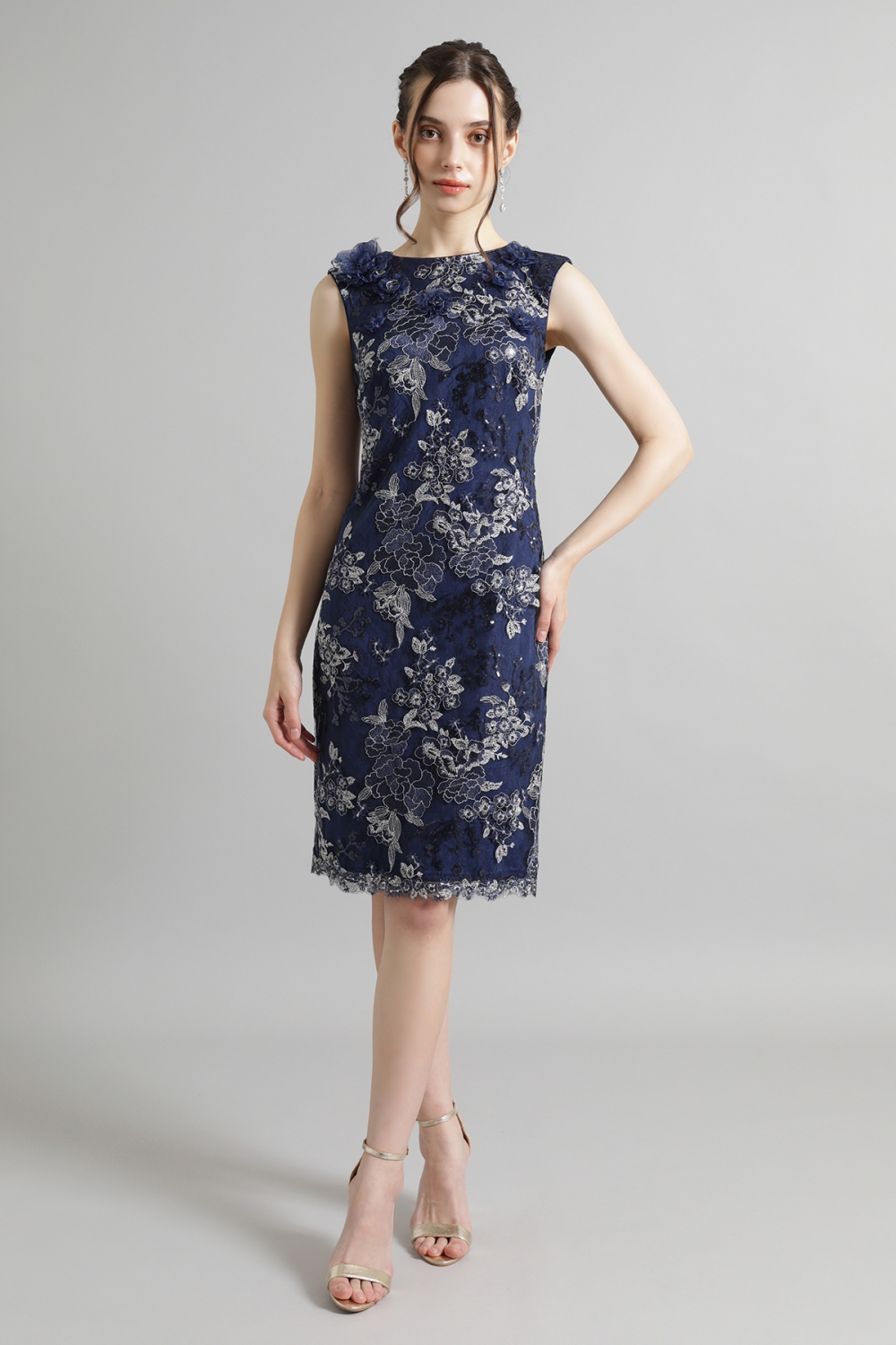 【リクエスト受付のみ】ネイビー　フラワーレース刺繍　タイトドレス