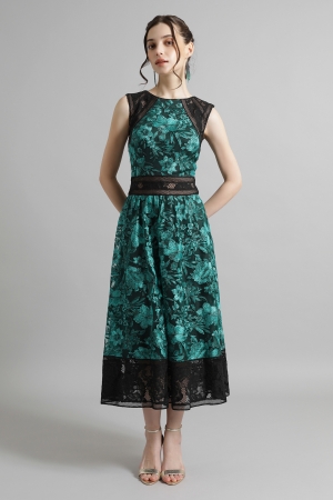 グリーン フラワーレース ミモレ丈ドレス