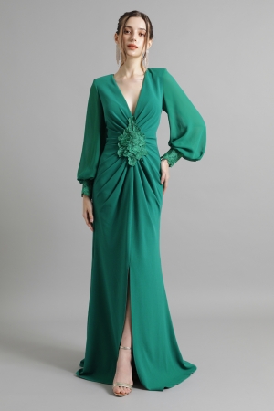 【リクエスト受付のみ】グリーン　Vネック　ロングスリーブ　ロングドレス