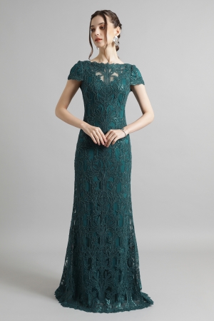 グリーン ボートネック スパンコール刺繍ロングドレス