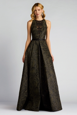 【リクエスト受付のみ】ブラック＆ゴールド　アメリカンスリーブ　ジャカードロングドレス