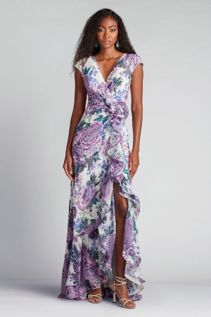 フローラルプリント ラッフルロングドレス