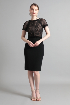 ブラック 半袖チュール タイトミディアムドレス