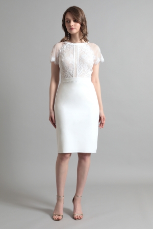 ホワイト 半袖チュール タイトミディアムドレス