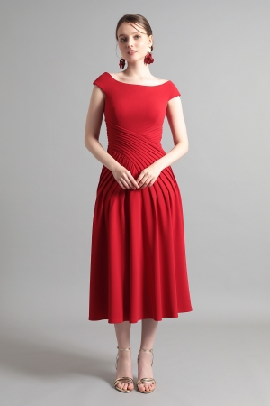 【リクエスト受付のみ】レッド フレンチスリーブ プリーツワークドレス