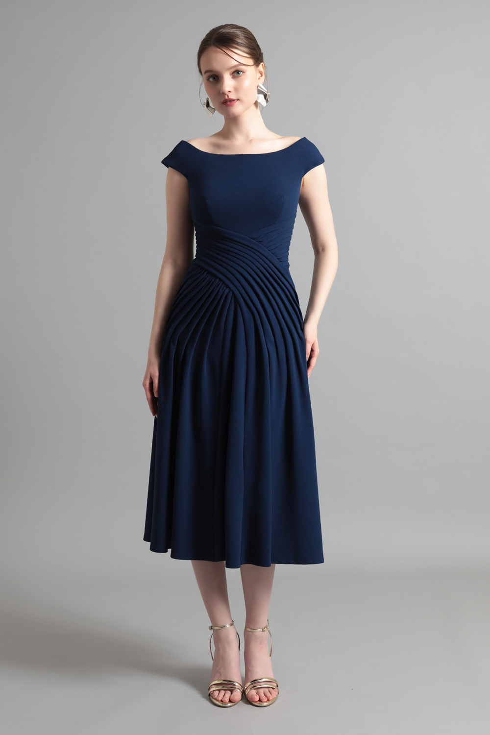 【リクエスト受付のみ】ネイビー フレンチスリーブ プリーツワークドレス