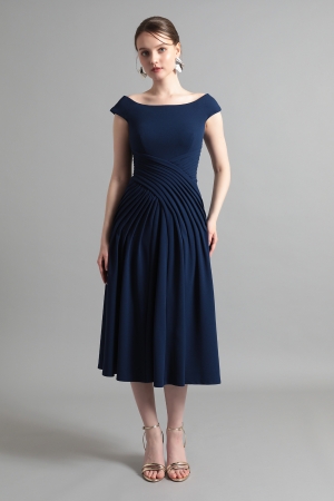 【リクエスト受付のみ】ネイビー フレンチスリーブ プリーツワークドレス