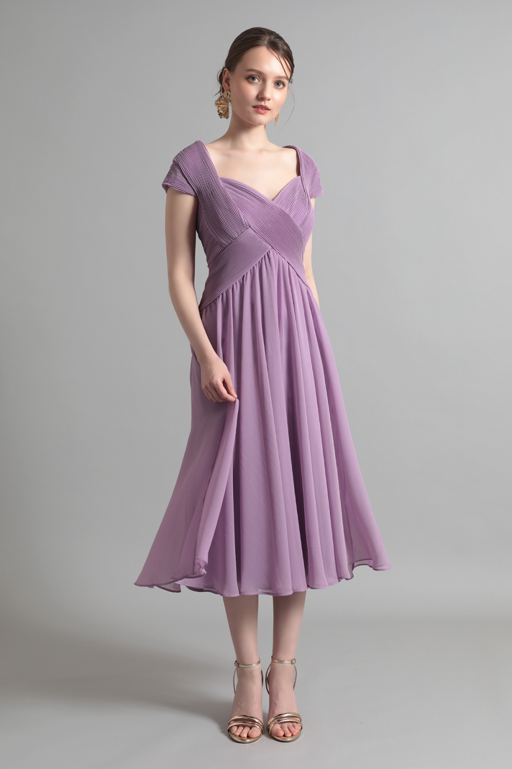 ラベンダー キャップスリーブ シフォンミモレ丈ドレス