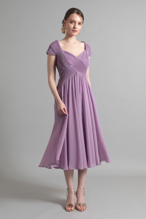 ラベンダー キャップスリーブ シフォンミモレ丈ドレス