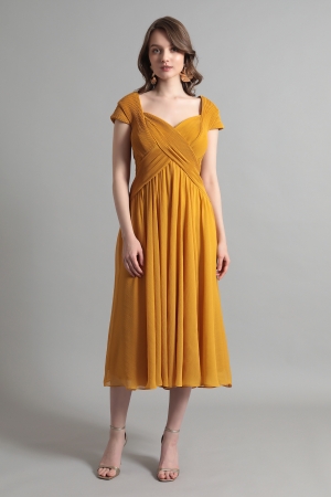イエロー キャップスリーブ シフォンミモレ丈ドレス