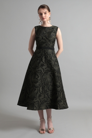 ブラックゴールド ジャカード フィット&フレアー ミモレ丈ドレス