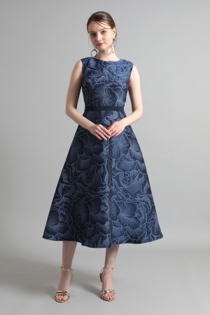 【リクエスト受付のみ】ミッドナイトブルー ジャカード フィット&フレアー ミモレ丈ドレス